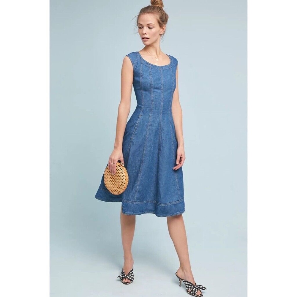 Anthropologie PILCRO Denim Midi Dress Fit N’ Flare Pockets Fitted ~ Size 4